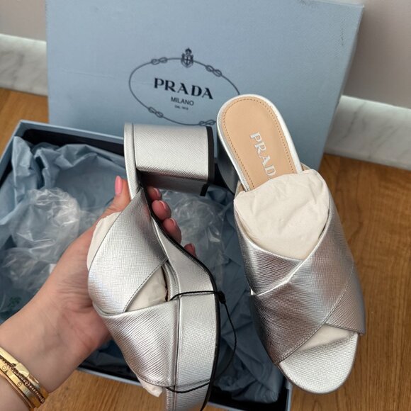 NWT Prada Platform Sandals Metallic Silver Saffiano Leather Crisscross Strap - Picture 8 of 11
